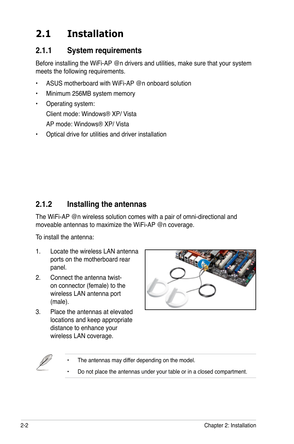 1 installation, 1 system requirements, 2 installing the antennas | Asus P5Q3 Deluxe/WiFi-AP @n User Manual | Page 16 / 44