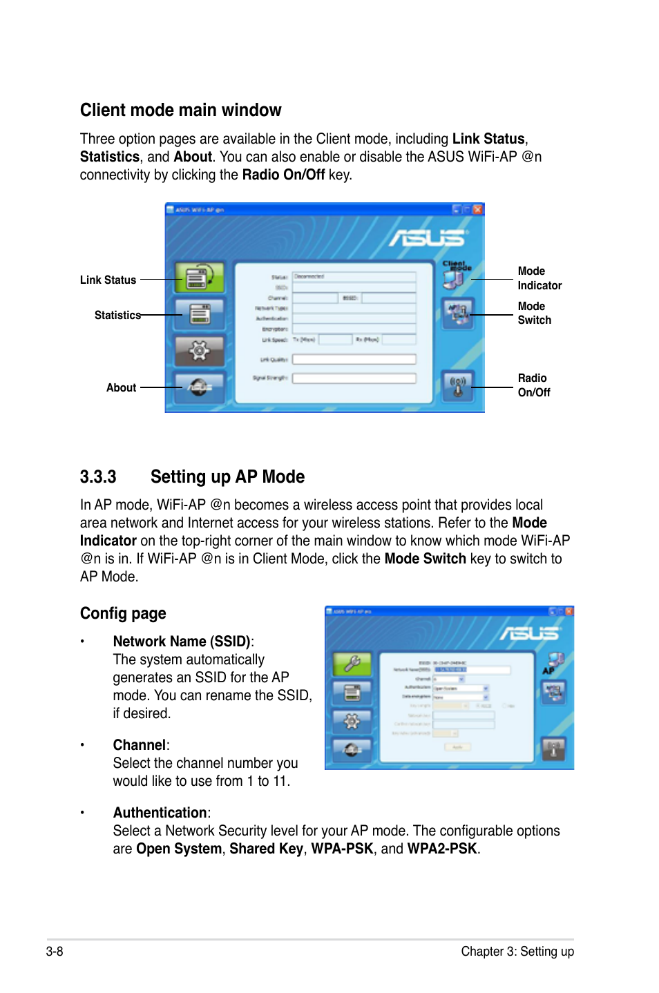 Client mode main window, 3 setting up ap mode, Config page | Asus P5Q3 Deluxe/WiFi-AP @n User Manual | Page 26 / 44