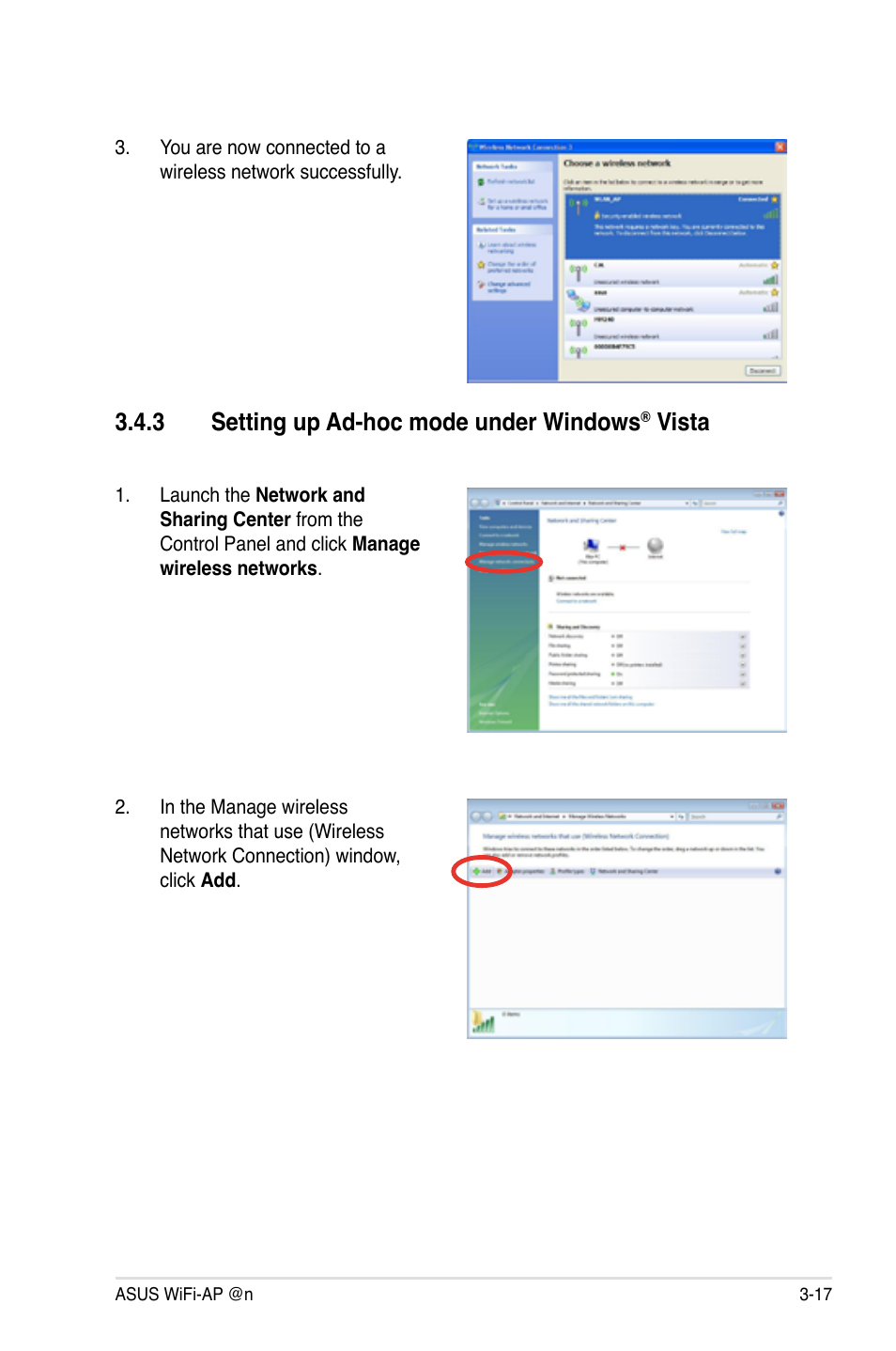 3 setting up ad-hoc mode under windows, Vista | Asus P5Q3 Deluxe/WiFi-AP @n User Manual | Page 35 / 44