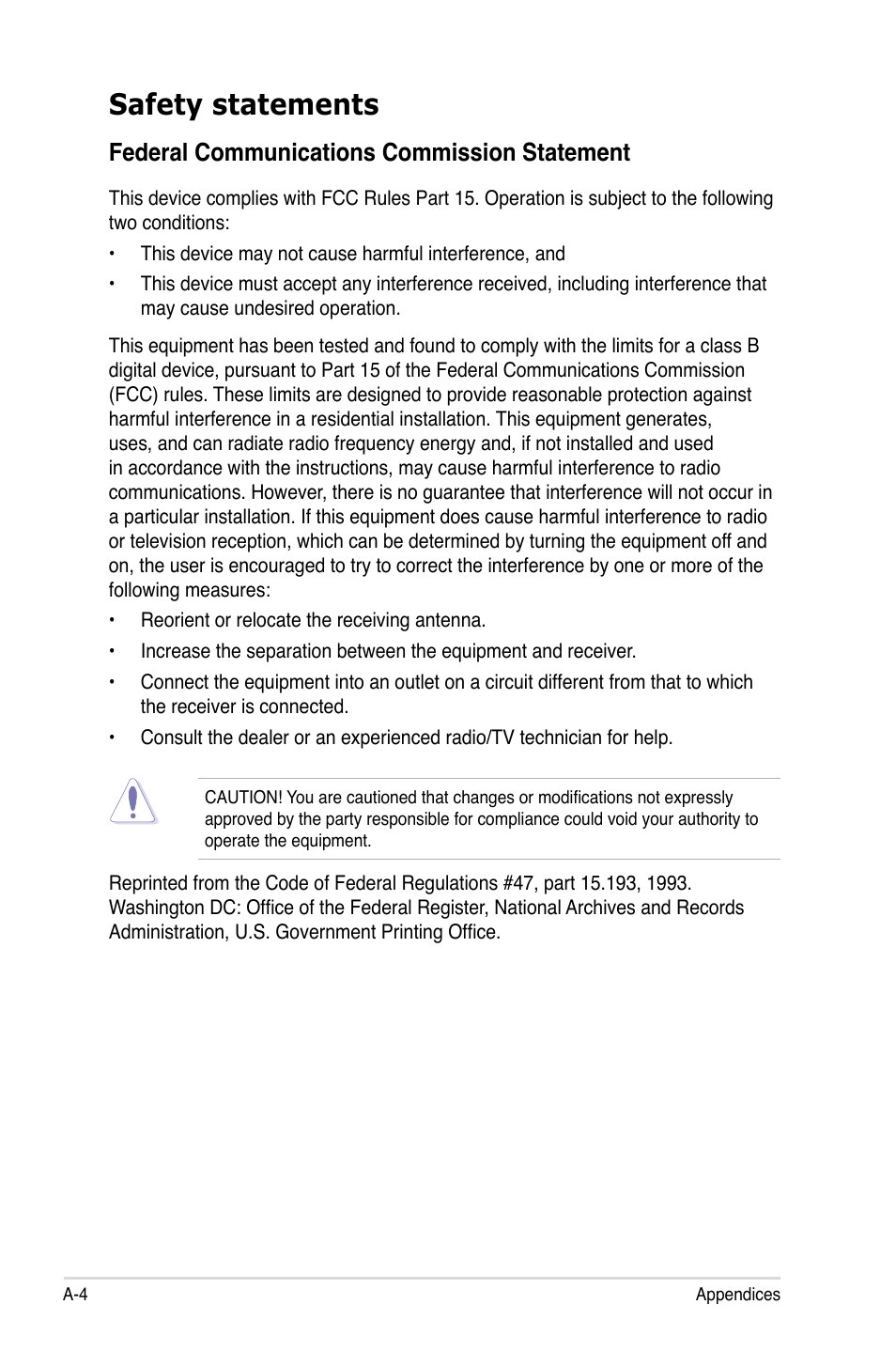 Safety statements, Federal communications commission statement | Asus P5Q3 Deluxe/WiFi-AP @n User Manual | Page 42 / 44