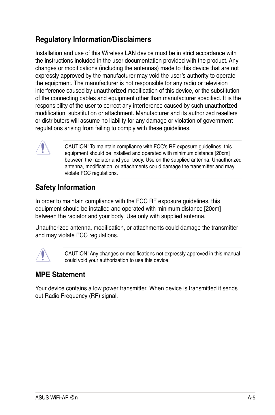 Regulatory information/disclaimers, Safety information, Mpe statement | Asus P5Q3 Deluxe/WiFi-AP @n User Manual | Page 43 / 44