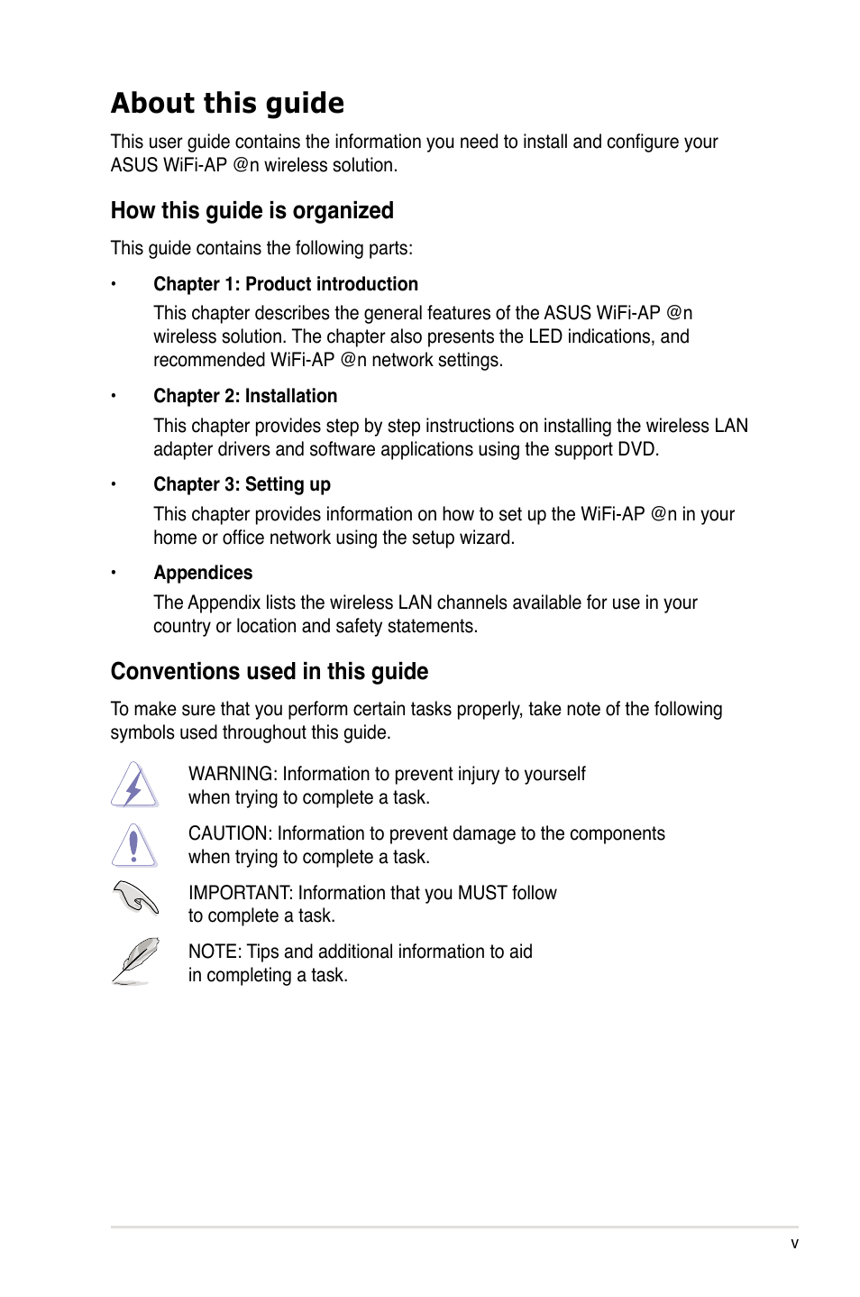 About this guide, How this guide is organized, Conventions used in this guide | Asus P5Q3 Deluxe/WiFi-AP @n User Manual | Page 5 / 44