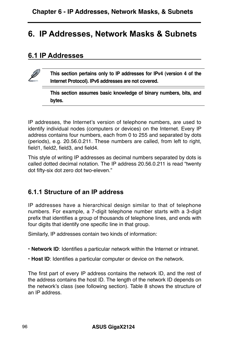 Ip addresses, network masks & subnets, 1 ip addresses, Chapter 6 - ip addresses, network masks, & subnets | 1 structure of an ip address | Asus GigaX2124 User Manual | Page 108 / 122