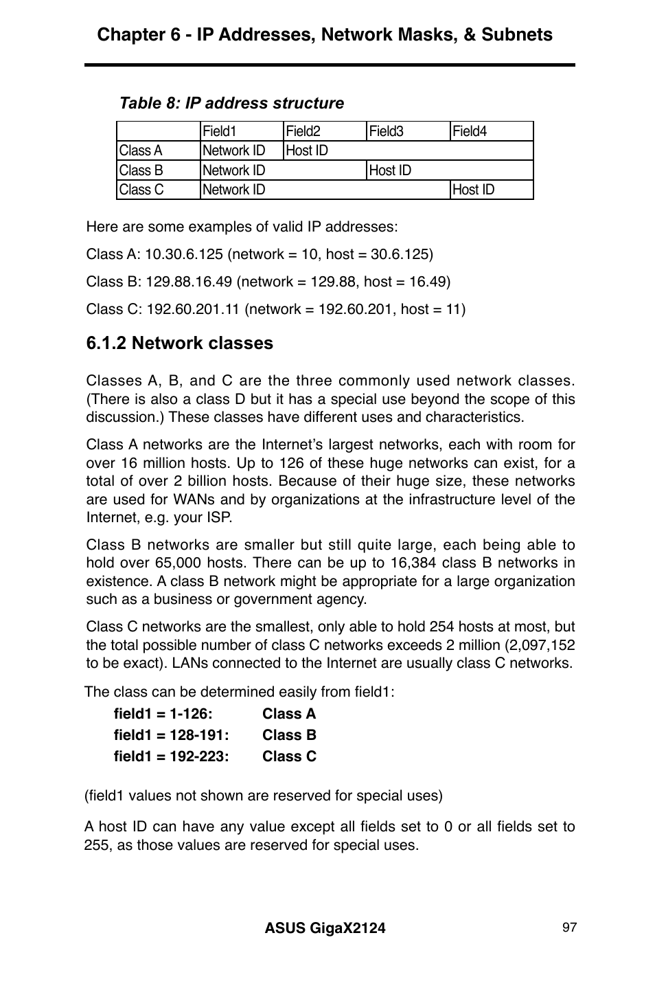 Chapter 6 - ip addresses, network masks, & subnets, 2 network classes | Asus GigaX2124 User Manual | Page 109 / 122