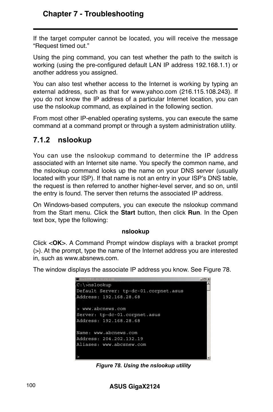 Chapter 7 - troubleshooting, 2 nslookup | Asus GigaX2124 User Manual | Page 112 / 122