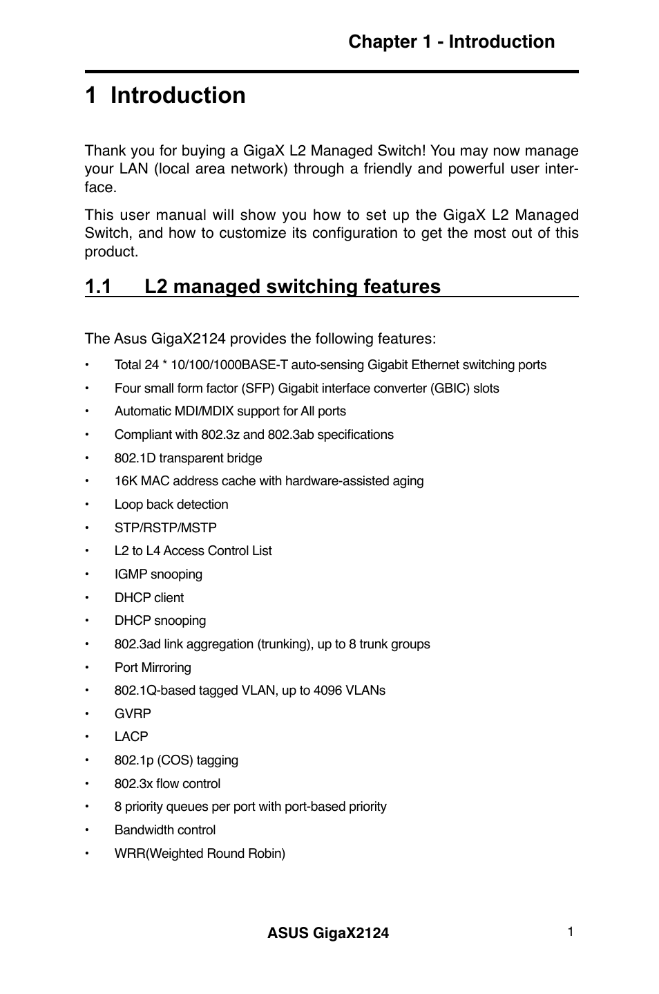 1 introduction, 1 l2 managed switching features, Chapter 1 - introduction | Asus GigaX2124 User Manual | Page 13 / 122
