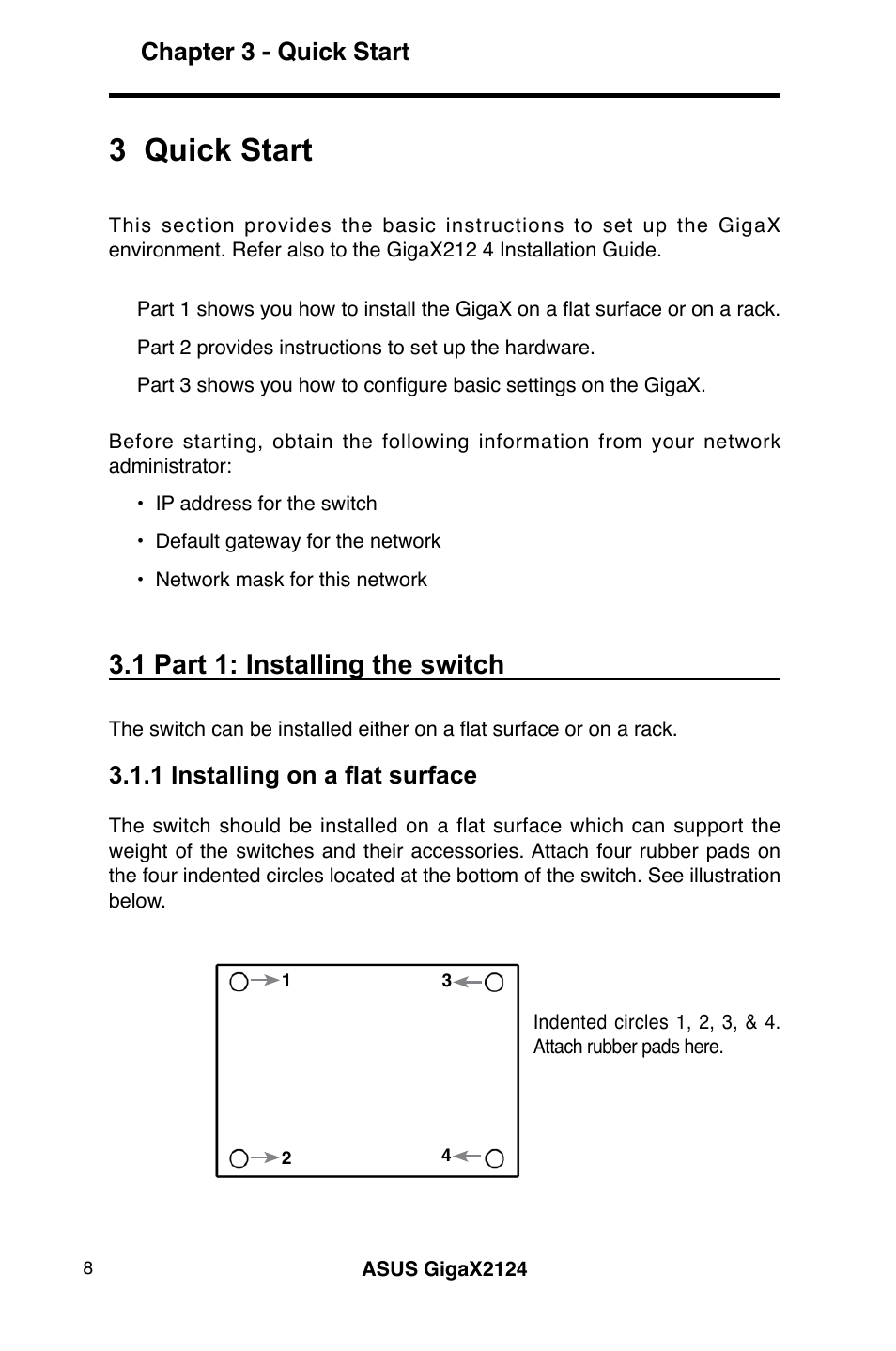 3 quick start, 1 part 1: installing the switch, Chapter 3 - quick start | 1 installing on a flat surface | Asus GigaX2124 User Manual | Page 20 / 122