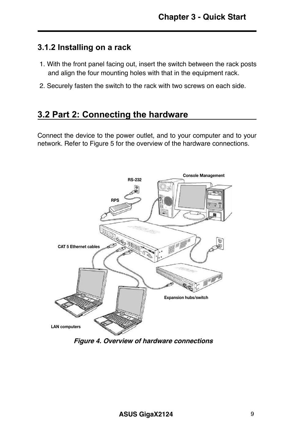 2 part 2: connecting the hardware, Chapter 3 - quick start, 2 installing on a rack | Asus GigaX2124 User Manual | Page 21 / 122