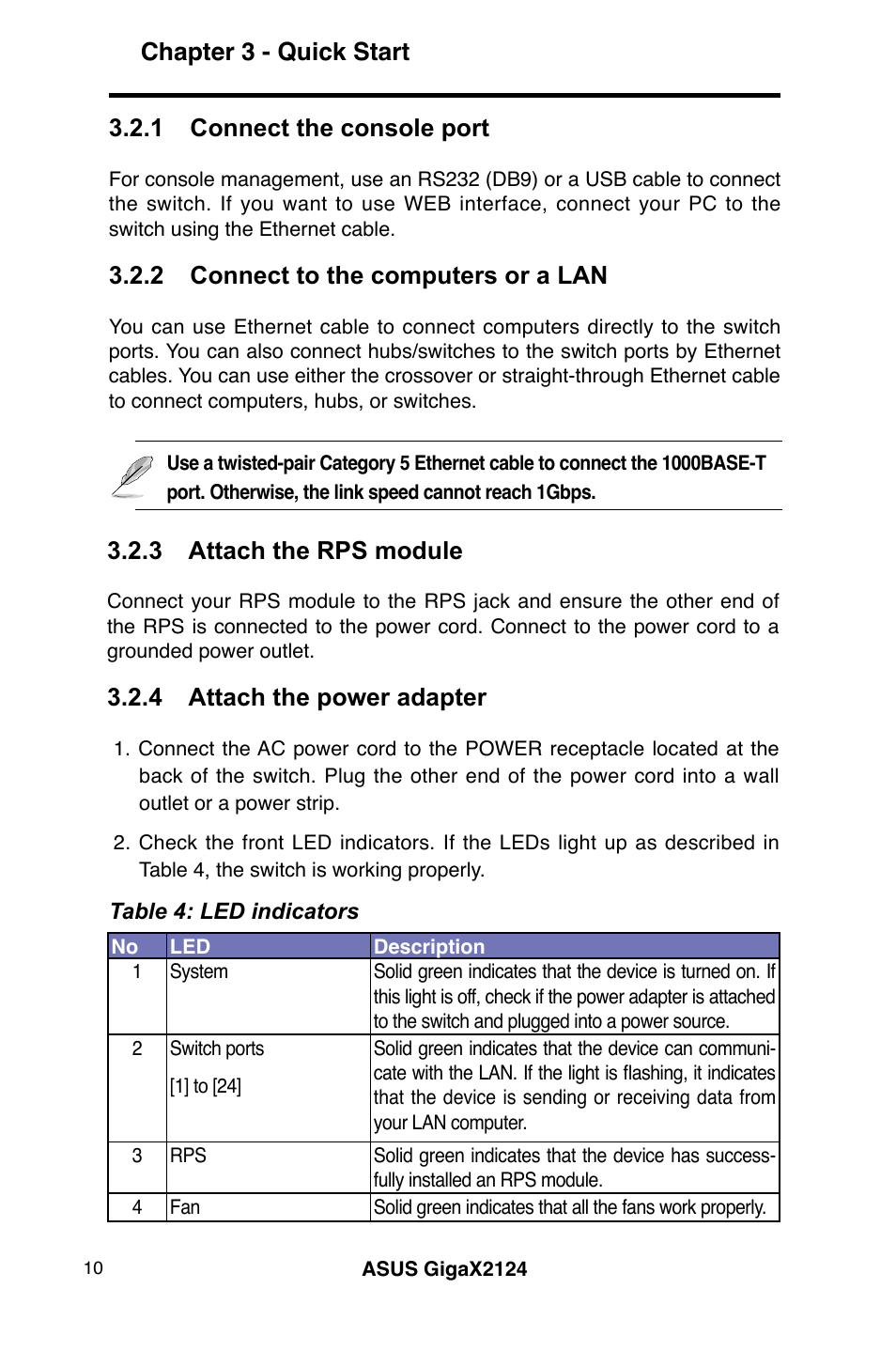 Chapter 3 - quick start, 1 connect the console port, 2 connect to the computers or a lan | 3 attach the rps module, 4 attach the power adapter | Asus GigaX2124 User Manual | Page 22 / 122