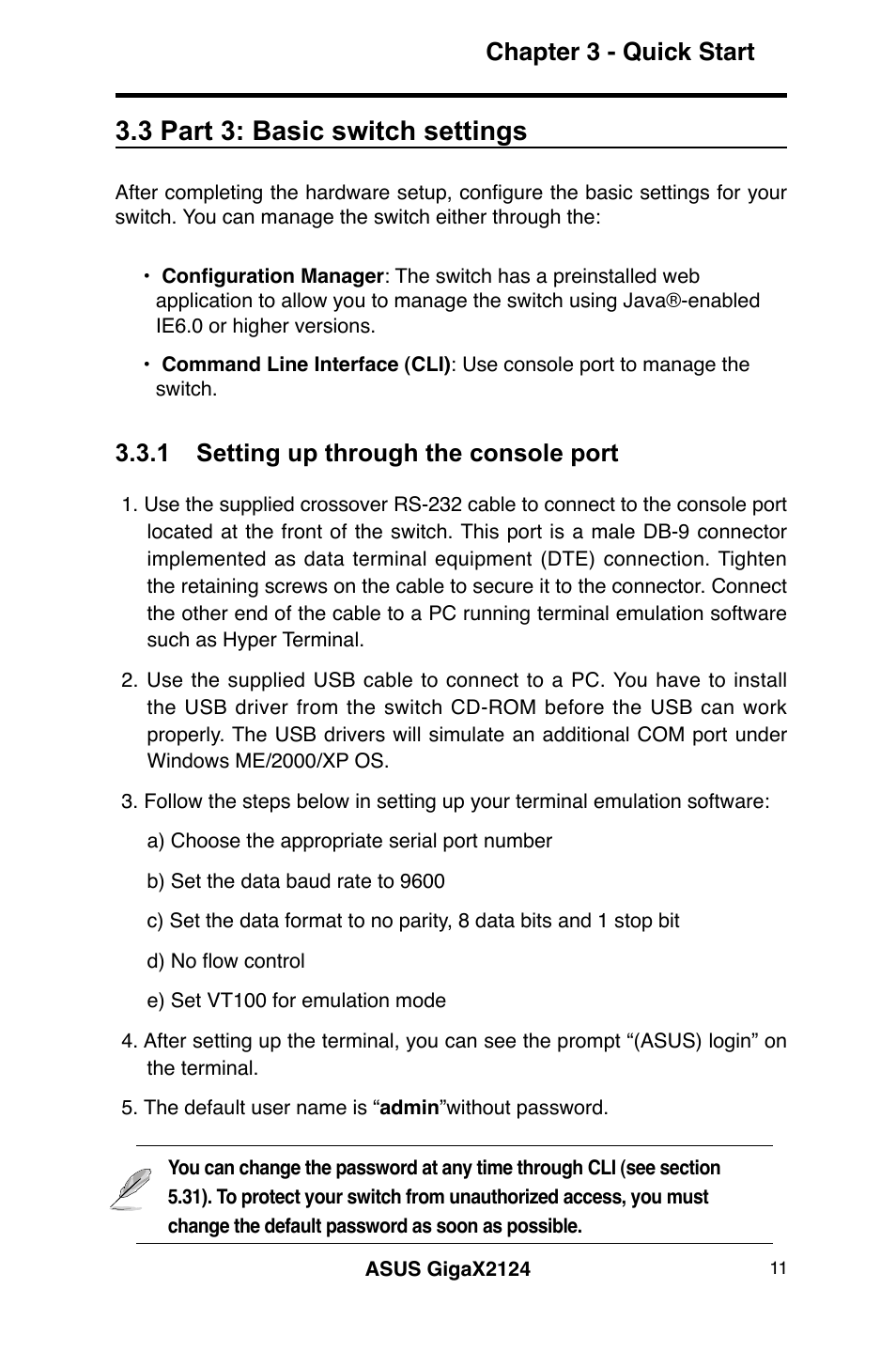 3 part 3: basic switch settings, Chapter 3 - quick start, 1 setting up through the console port | Asus GigaX2124 User Manual | Page 23 / 122