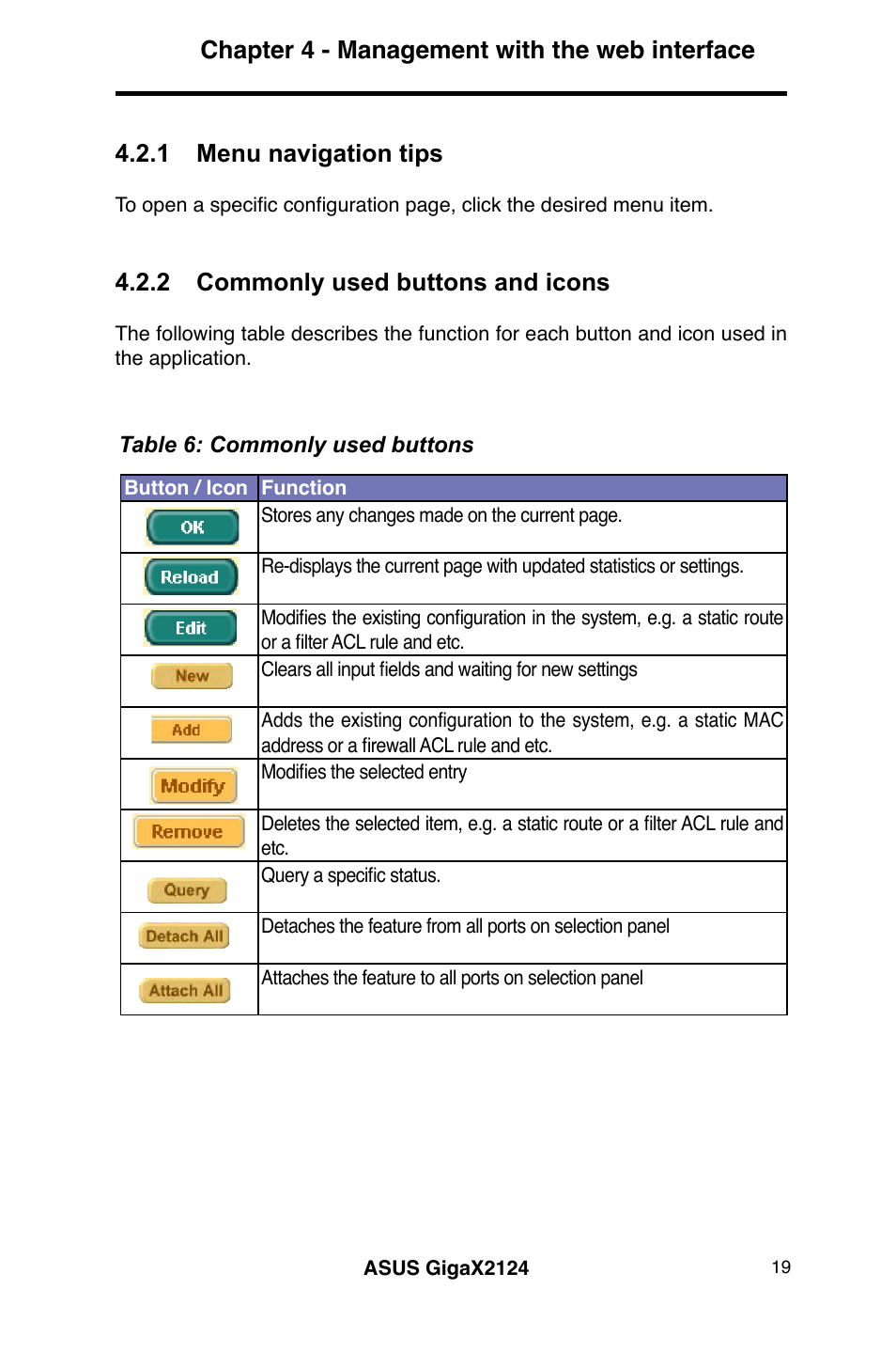 Chapter 4 - management with the web interface, 1 menu navigation tips, 2 commonly used buttons and icons | Asus GigaX2124 User Manual | Page 31 / 122