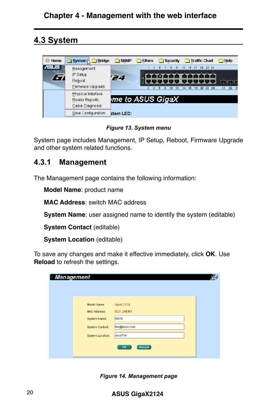 3 system, Chapter 4 - management with the web interface, 1 management | Asus GigaX2124 User Manual | Page 32 / 122