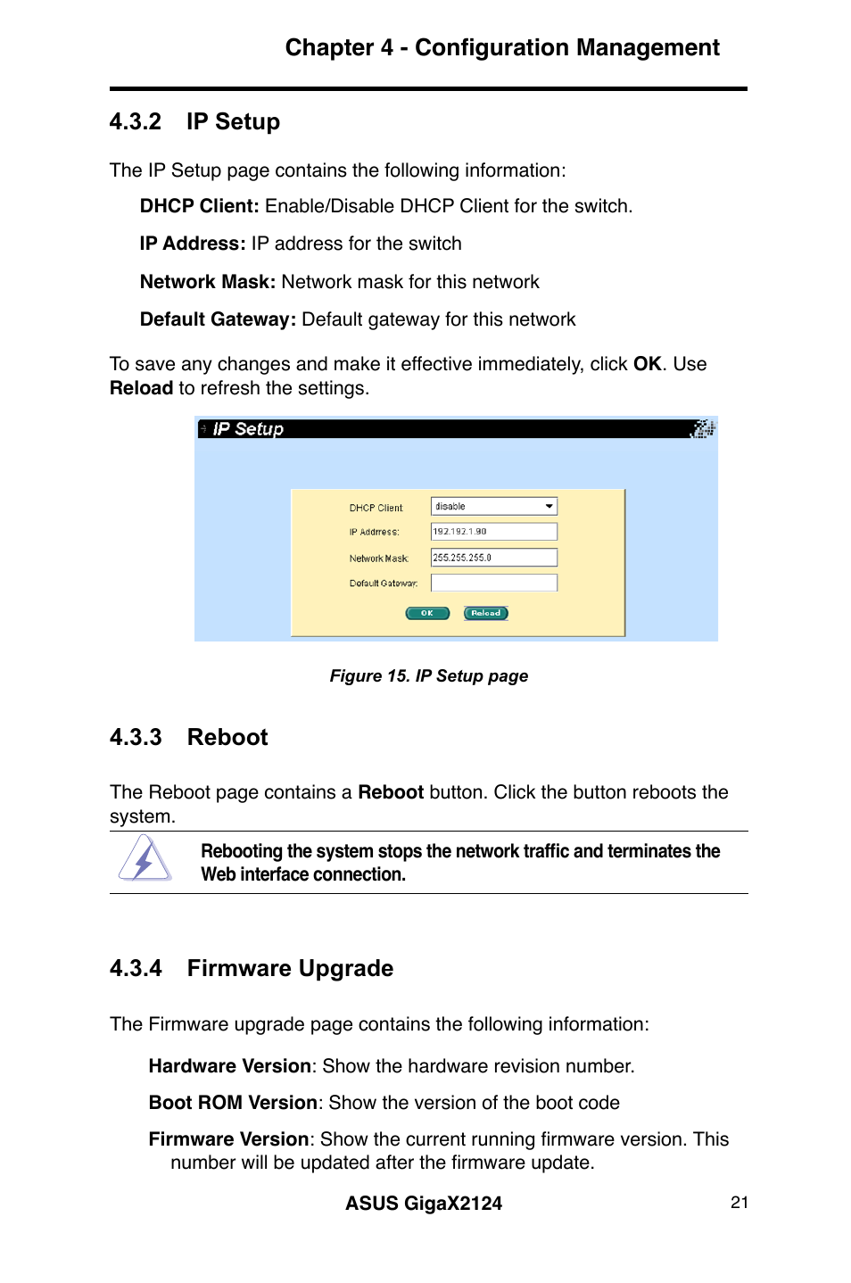 Chapter 4 - configuration management, 2 ip setup, 3 reboot | 4 firmware upgrade | Asus GigaX2124 User Manual | Page 33 / 122