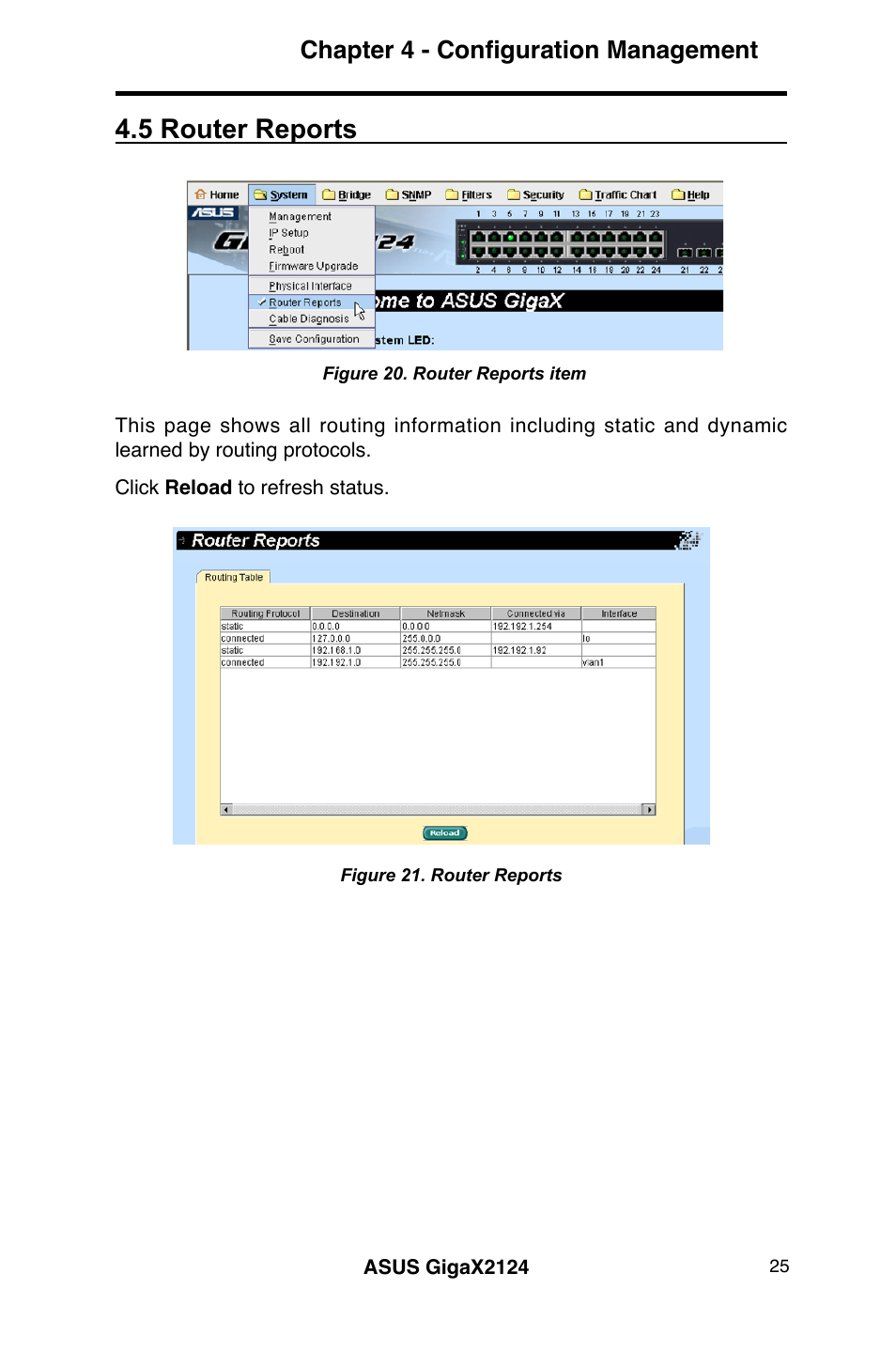 5 router reports, Chapter 4 - configuration management | Asus GigaX2124 User Manual | Page 37 / 122