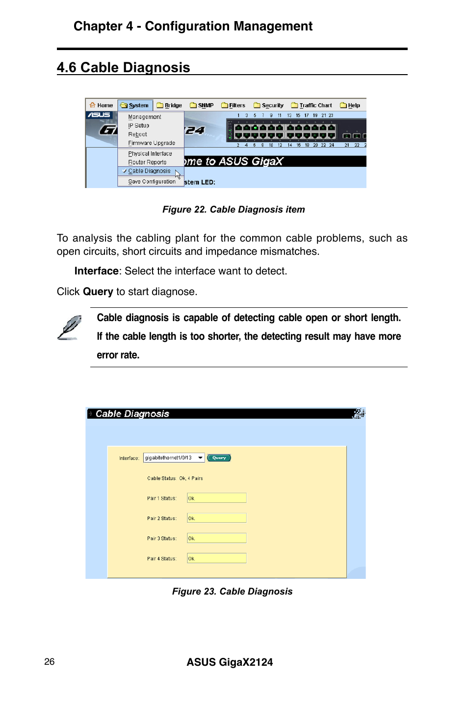 6 cable diagnosis, Chapter 4 - configuration management | Asus GigaX2124 User Manual | Page 38 / 122