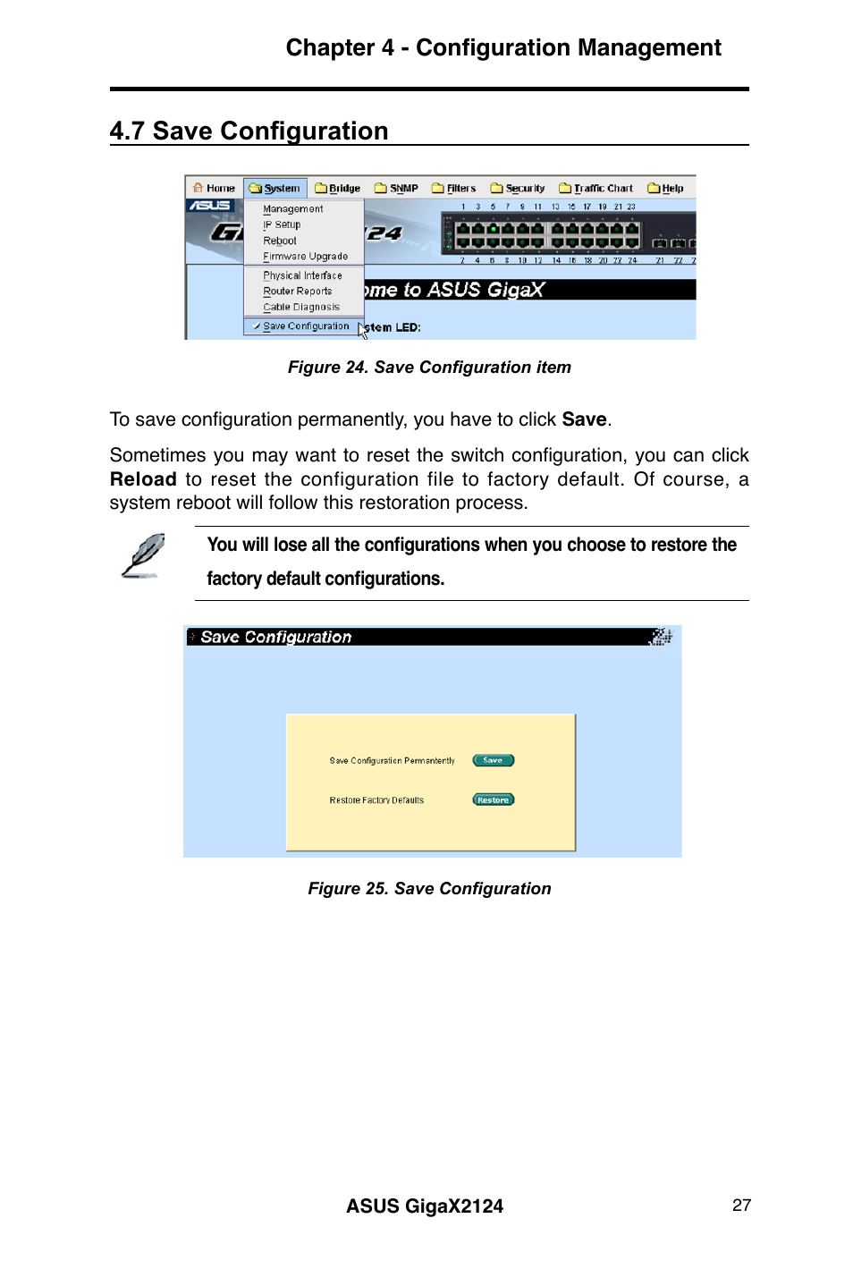 7 save configuration, Chapter 4 - configuration management | Asus GigaX2124 User Manual | Page 39 / 122
