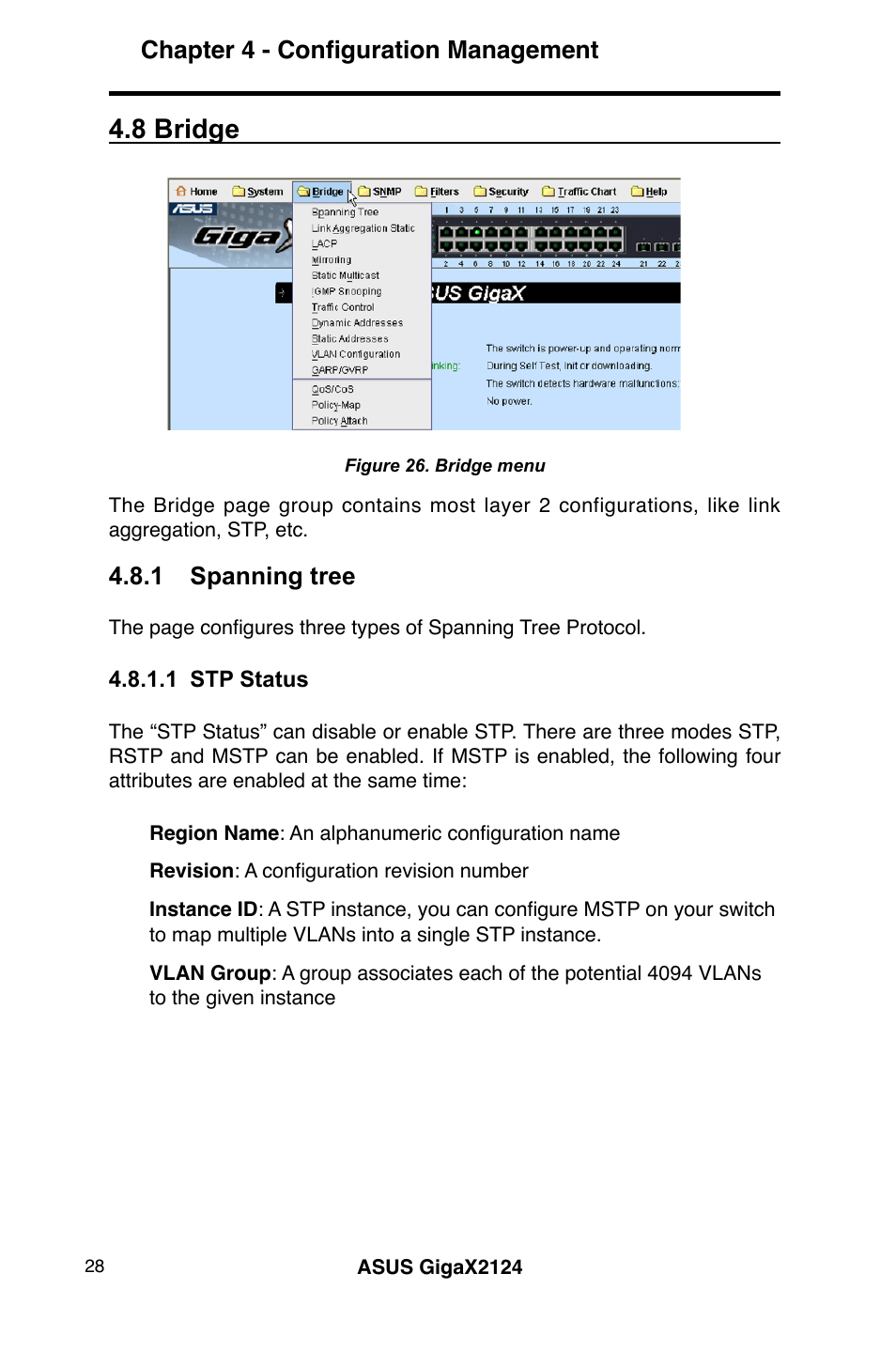 8 bridge, Chapter 4 - configuration management, 1 spanning tree | Asus GigaX2124 User Manual | Page 40 / 122
