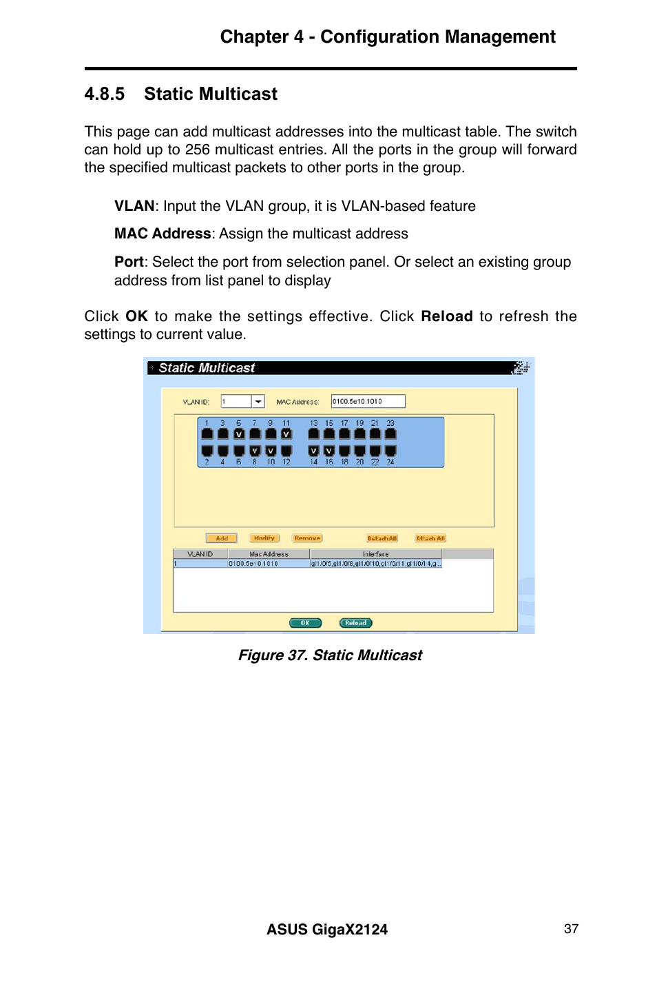 Chapter 4 - configuration management, 5 static multicast | Asus GigaX2124 User Manual | Page 49 / 122