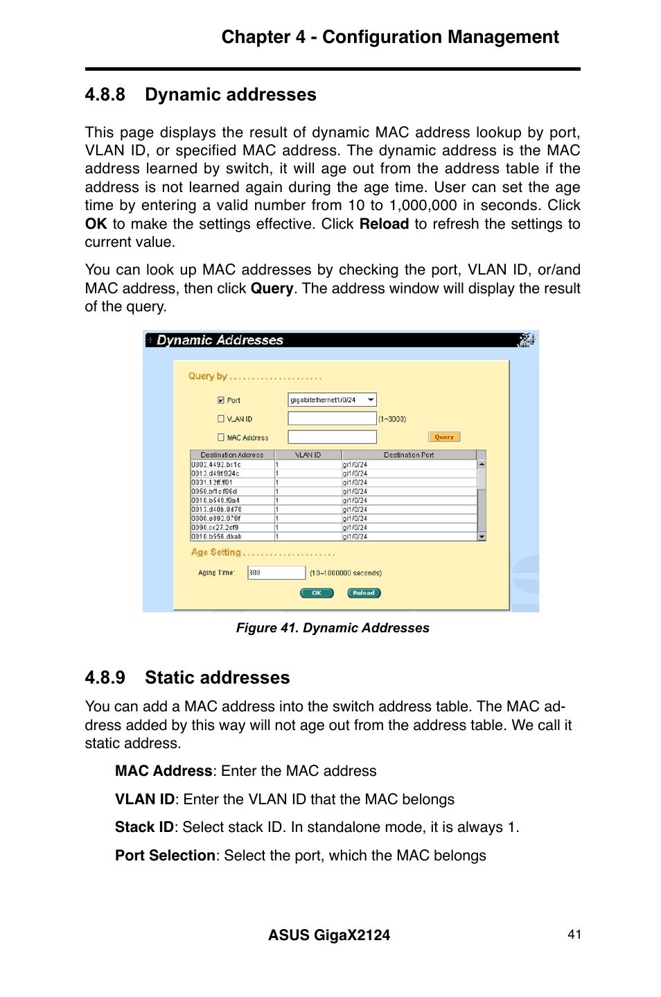 Chapter 4 - configuration management, 8 dynamic addresses, 9 static addresses | Asus GigaX2124 User Manual | Page 53 / 122