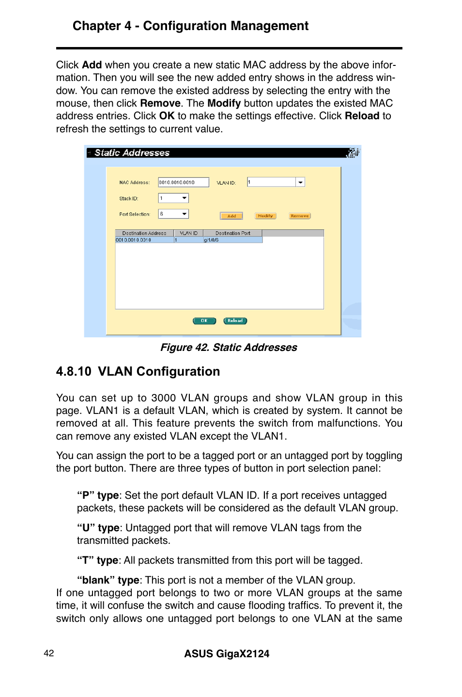 Chapter 4 - configuration management, 10 vlan configuration | Asus GigaX2124 User Manual | Page 54 / 122
