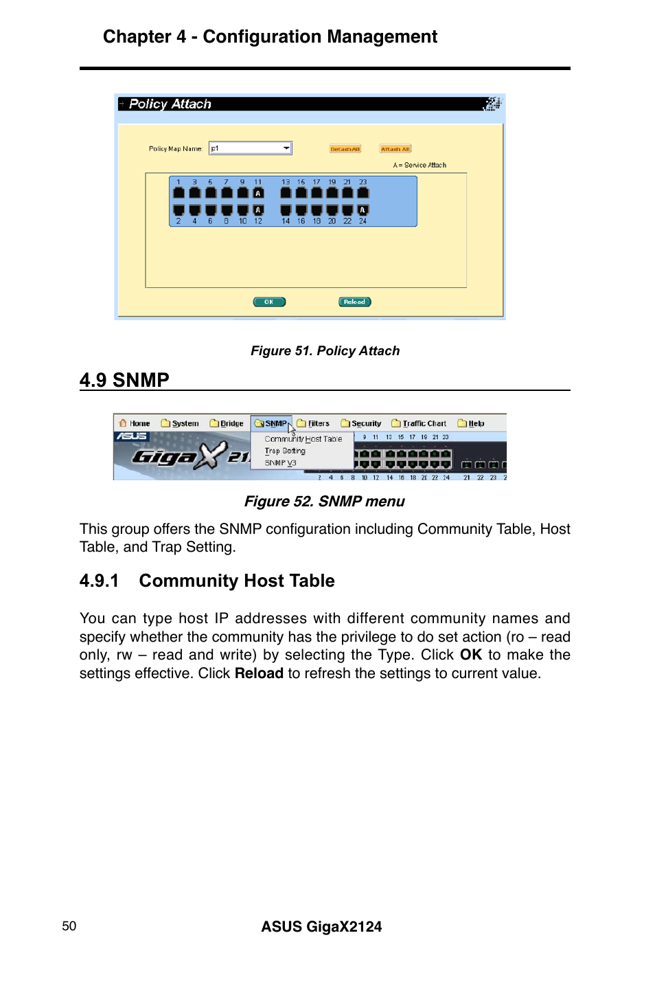 9 snmp, Chapter 4 - configuration management, 1 community host table | Asus GigaX2124 User Manual | Page 62 / 122