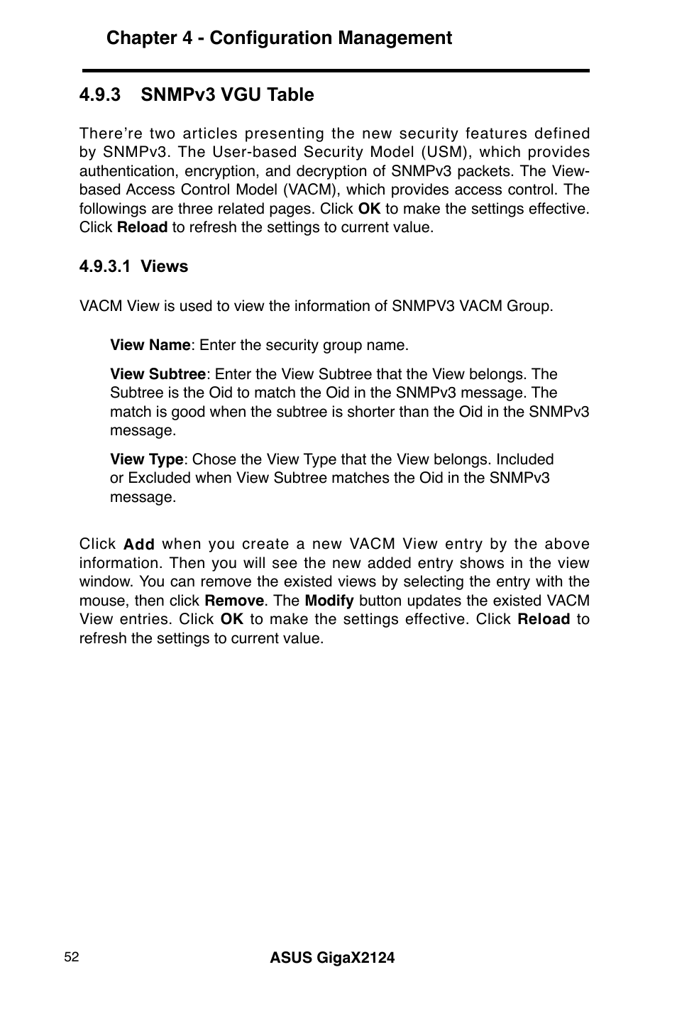 Chapter 4 - configuration management, 3 snmpv3 vgu table | Asus GigaX2124 User Manual | Page 64 / 122