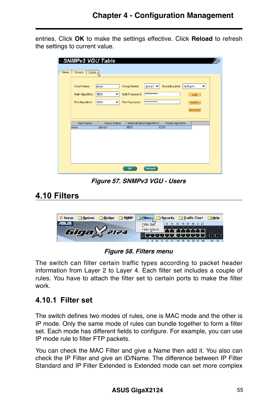 10 filters, Chapter 4 - configuration management, 1 filter set | Asus GigaX2124 User Manual | Page 67 / 122