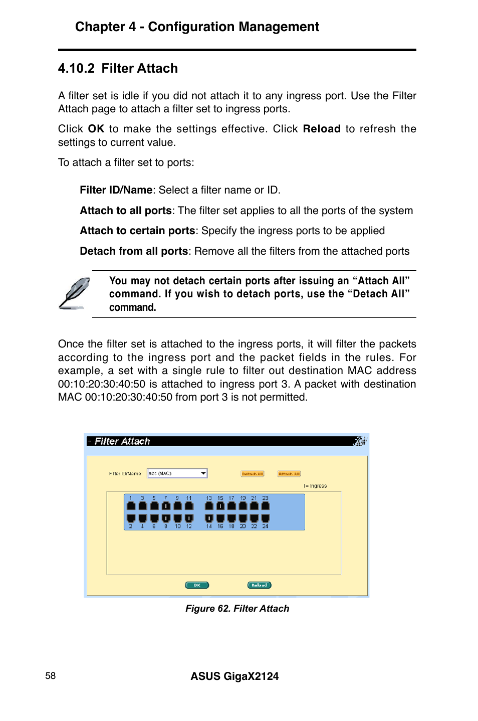 Chapter 4 - configuration management, 2 filter attach | Asus GigaX2124 User Manual | Page 70 / 122