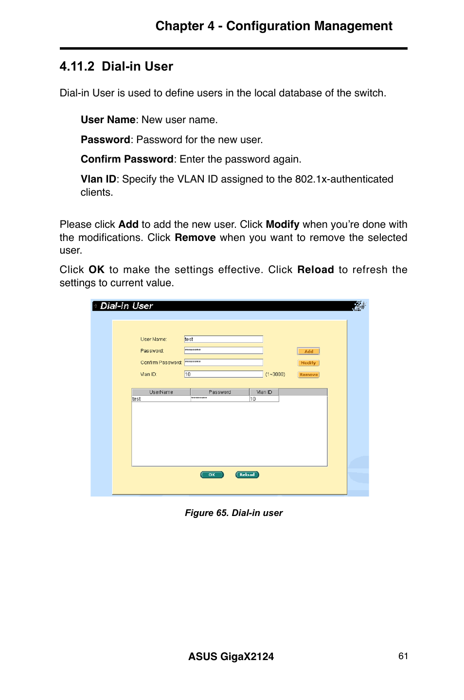 Chapter 4 - configuration management, 2 dial-in user | Asus GigaX2124 User Manual | Page 73 / 122