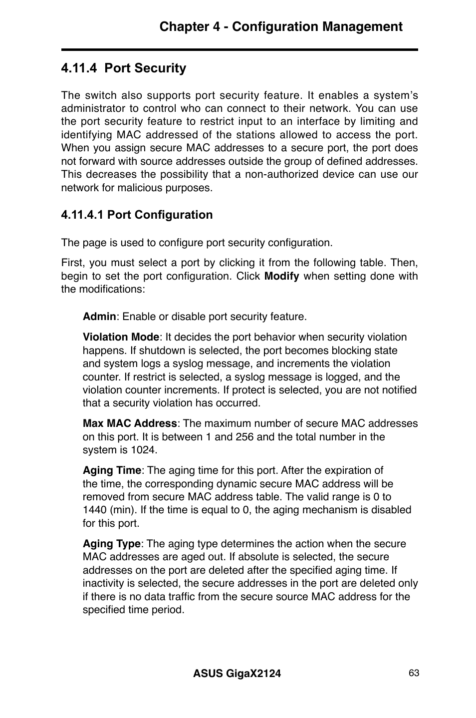 Chapter 4 - configuration management, 4 port security | Asus GigaX2124 User Manual | Page 75 / 122