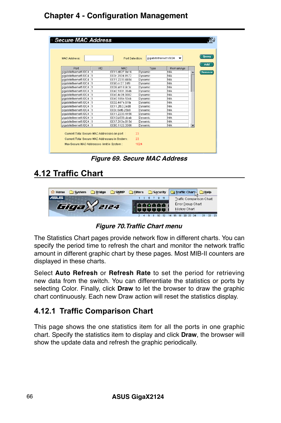 12 traffic chart, Chapter 4 - configuration management, 1 traffic comparison chart | Asus GigaX2124 User Manual | Page 78 / 122