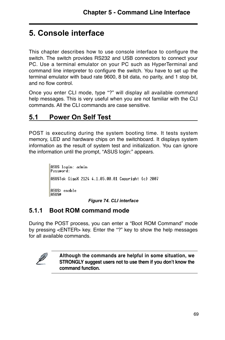 Console interface, 1 power on self test, Chapter 5 - command line interface | 1 boot rom command mode | Asus GigaX2124 User Manual | Page 81 / 122