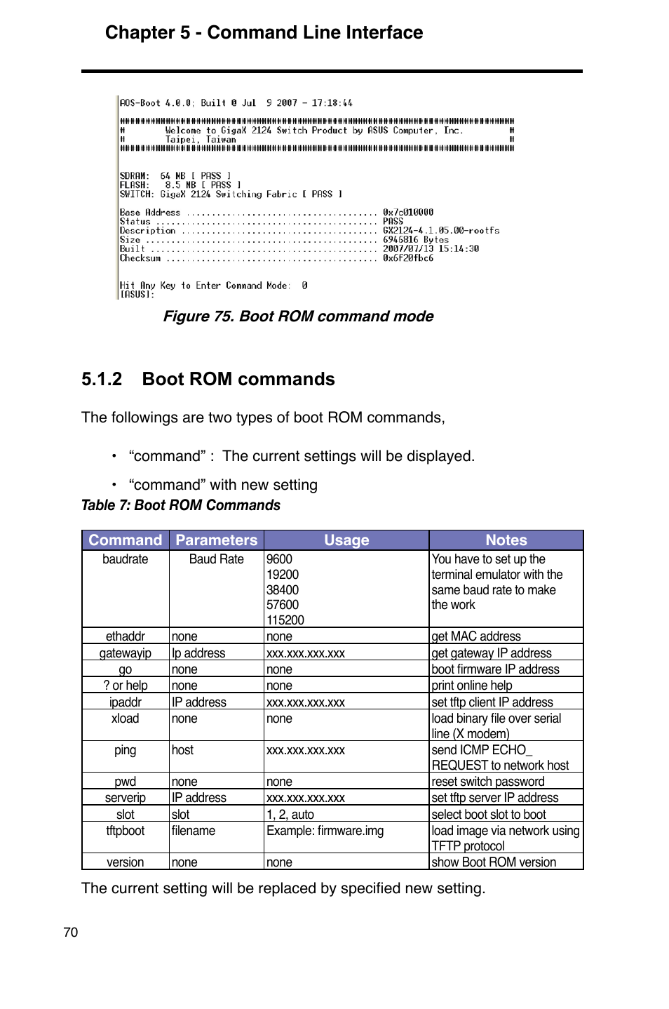 Chapter 5 - command line interface, 2 boot rom commands | Asus GigaX2124 User Manual | Page 82 / 122