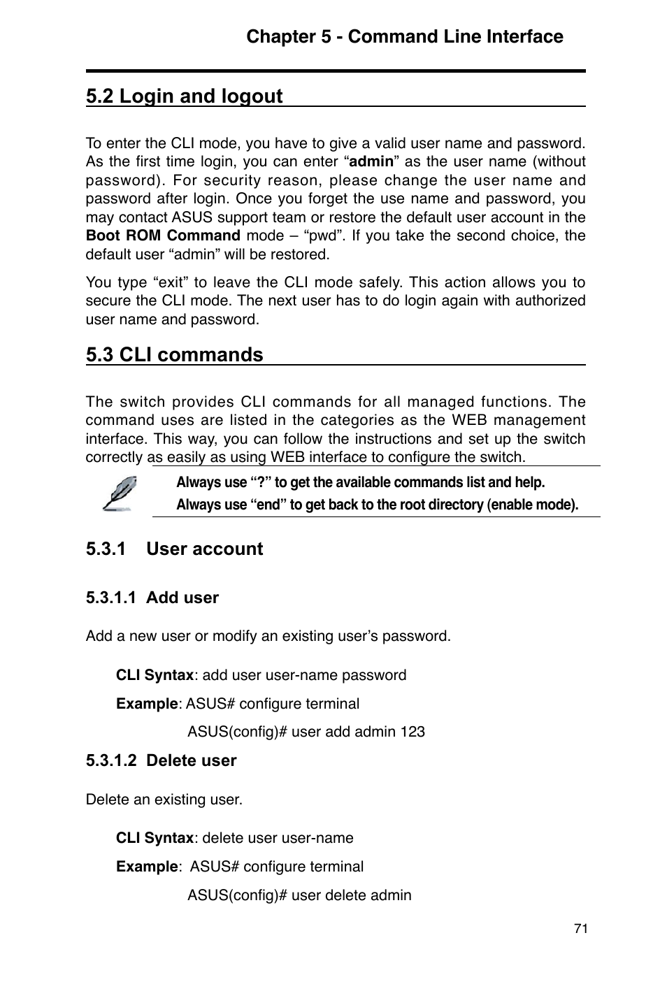 2 login and logout, 3 cli commands, Chapter 5 - command line interface | 1 user account | Asus GigaX2124 User Manual | Page 83 / 122