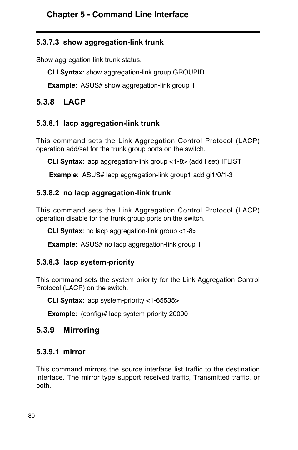 Chapter 5 - command line interface, 8 lacp, 9 mirroring | Asus GigaX2124 User Manual | Page 92 / 122