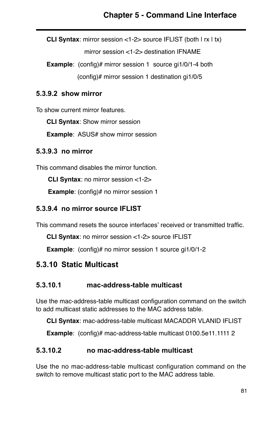 Chapter 5 - command line interface, 10 static multicast | Asus GigaX2124 User Manual | Page 93 / 122