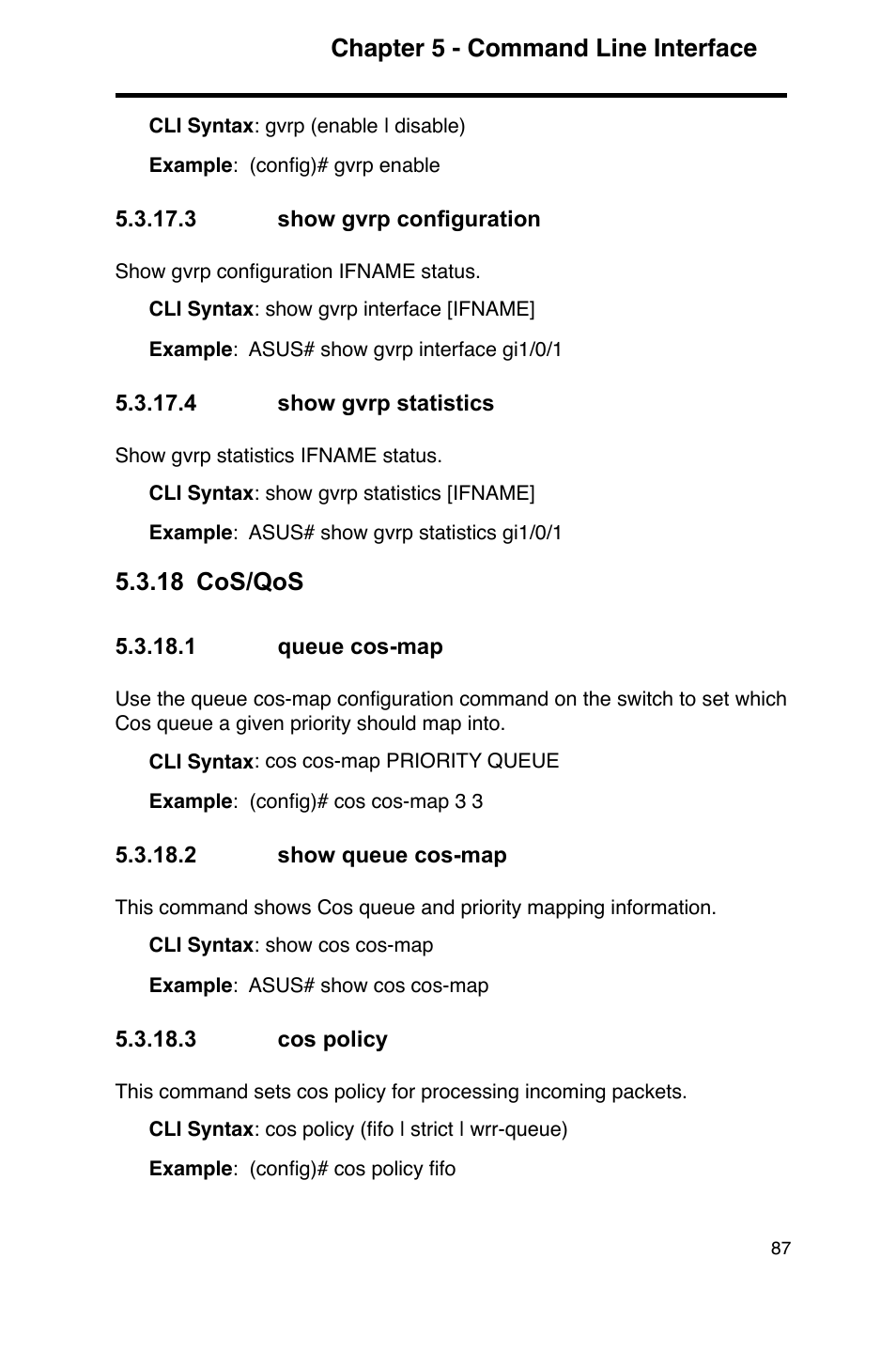 Chapter 5 - command line interface, 18 cos/qos | Asus GigaX2124 User Manual | Page 99 / 122