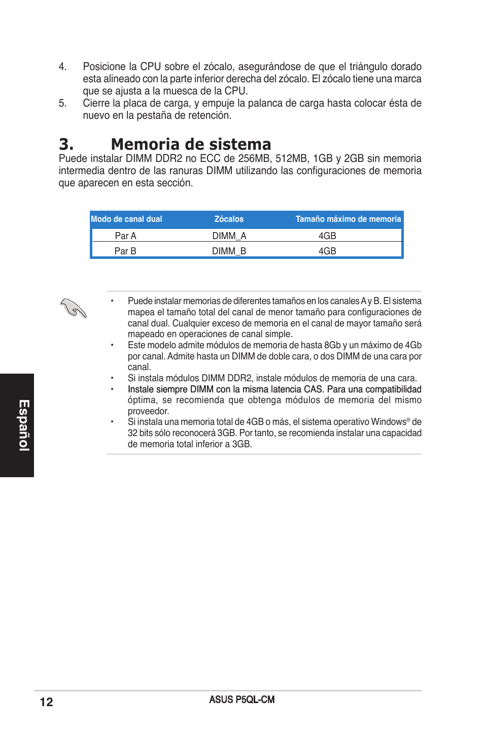 Español | Asus P5QL-CM User Manual | Page 12 / 38