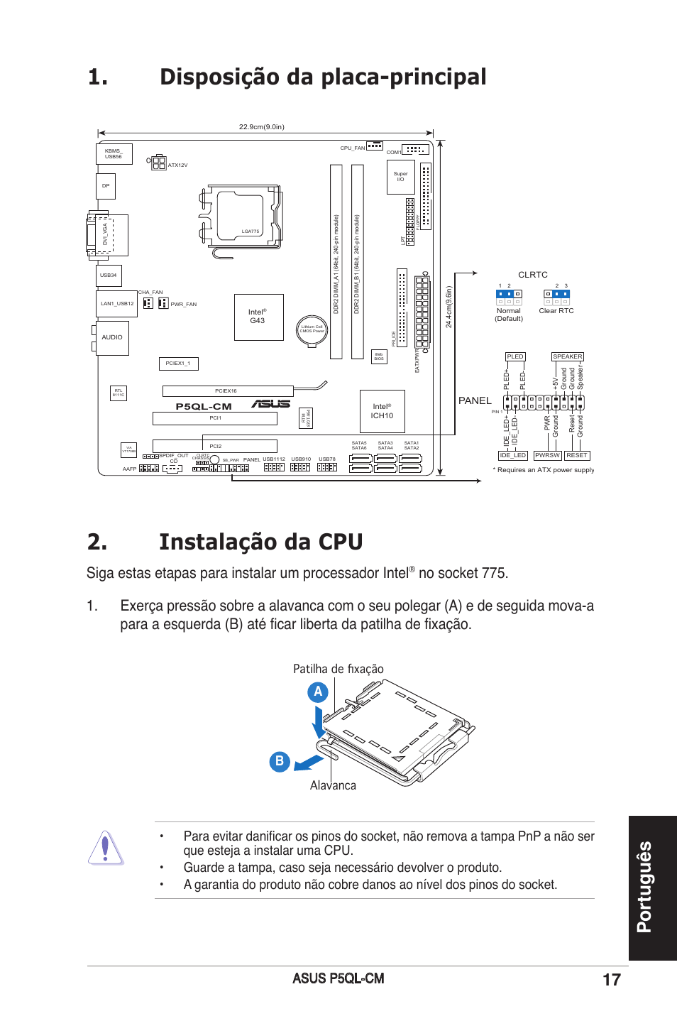 Instalação da cpu, Disposição da placa-principal, Português | Asus p5ql-cm, Patilha de fixação alavanca | Asus P5QL-CM User Manual | Page 17 / 38