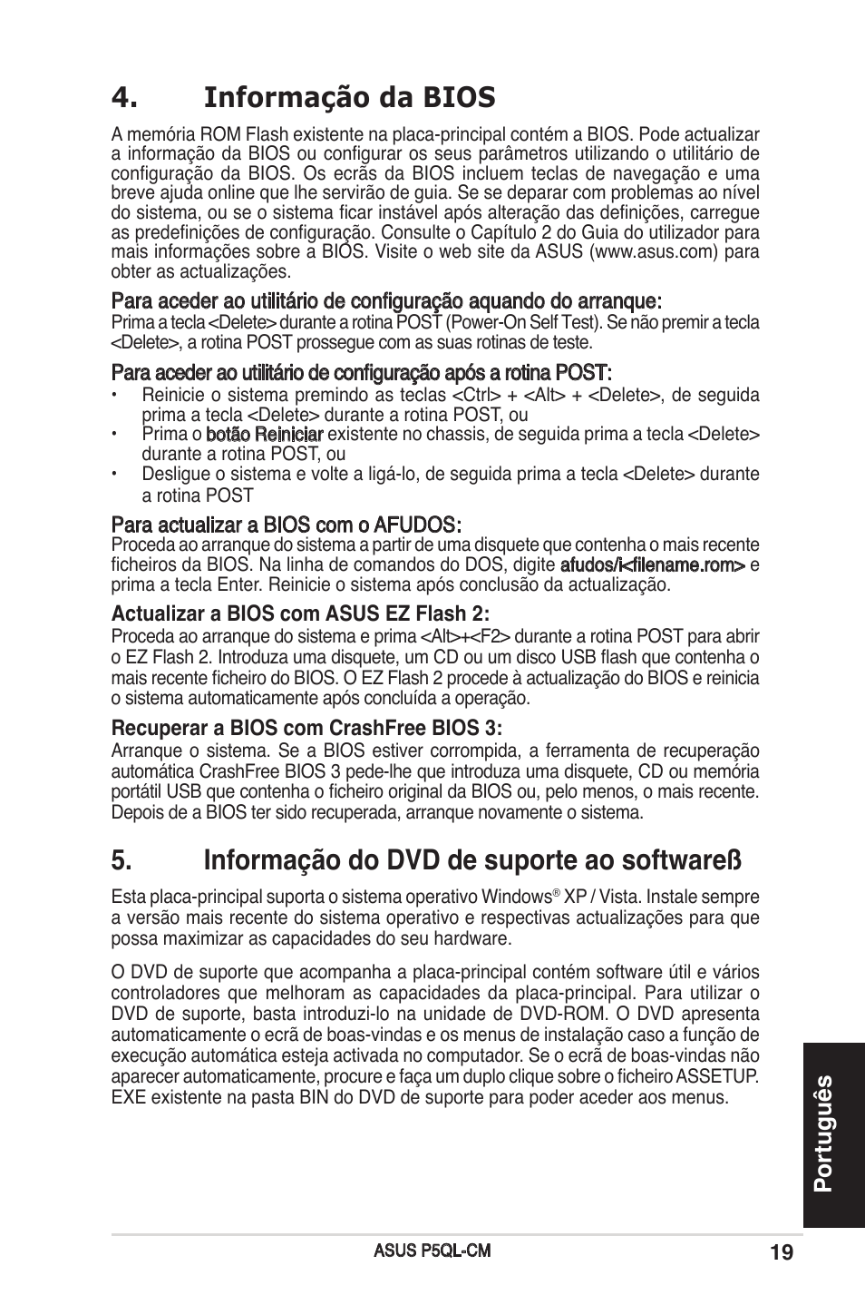 Informação da bios, Informação do dvd de suporte ao softwareß, Português | Asus P5QL-CM User Manual | Page 19 / 38