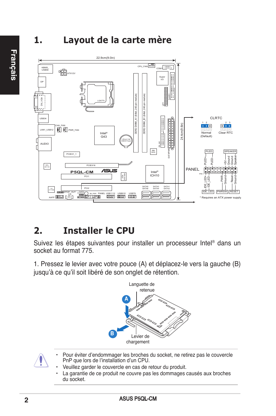 Installer le cpu, Layout de la carte mère, Français | Asus p5ql-cm, Languette de retenue levier de chargement | Asus P5QL-CM User Manual | Page 2 / 38