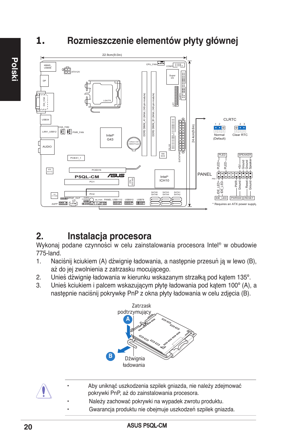 Rozmieszczenie elementów płyty głównej, Instalacja procesora, Polski | Asus p5ql-cm, Zatrzask podtrzymujący dźwignia ładowania | Asus P5QL-CM User Manual | Page 20 / 38