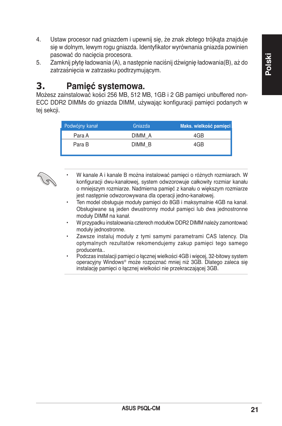 Pamięć systemowa, Polski | Asus P5QL-CM User Manual | Page 21 / 38