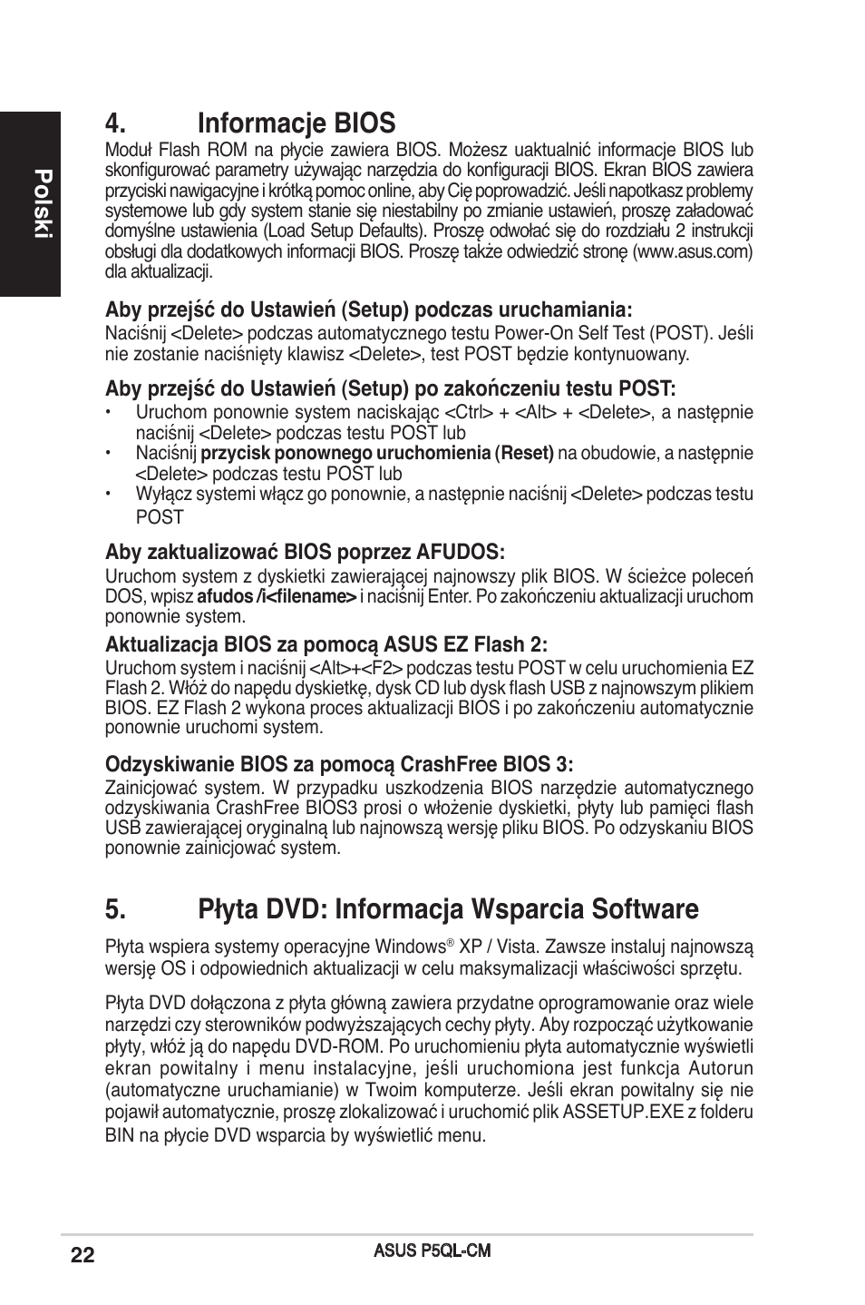 Informacje bios, Płyta dvd: informacja wsparcia software, Polski | Asus P5QL-CM User Manual | Page 22 / 38