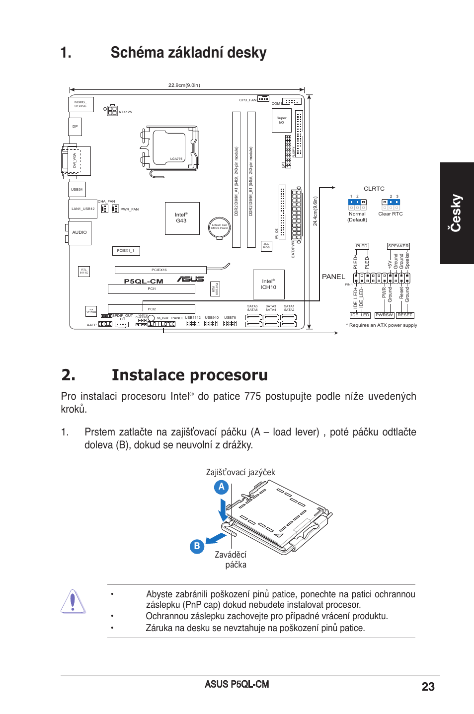 Schéma základní desky 2. instalace procesoru, Česky, Pro instalaci procesoru intel | Asus p5ql-cm, Zajišťovací jazýček zaváděcí páčka | Asus P5QL-CM User Manual | Page 23 / 38