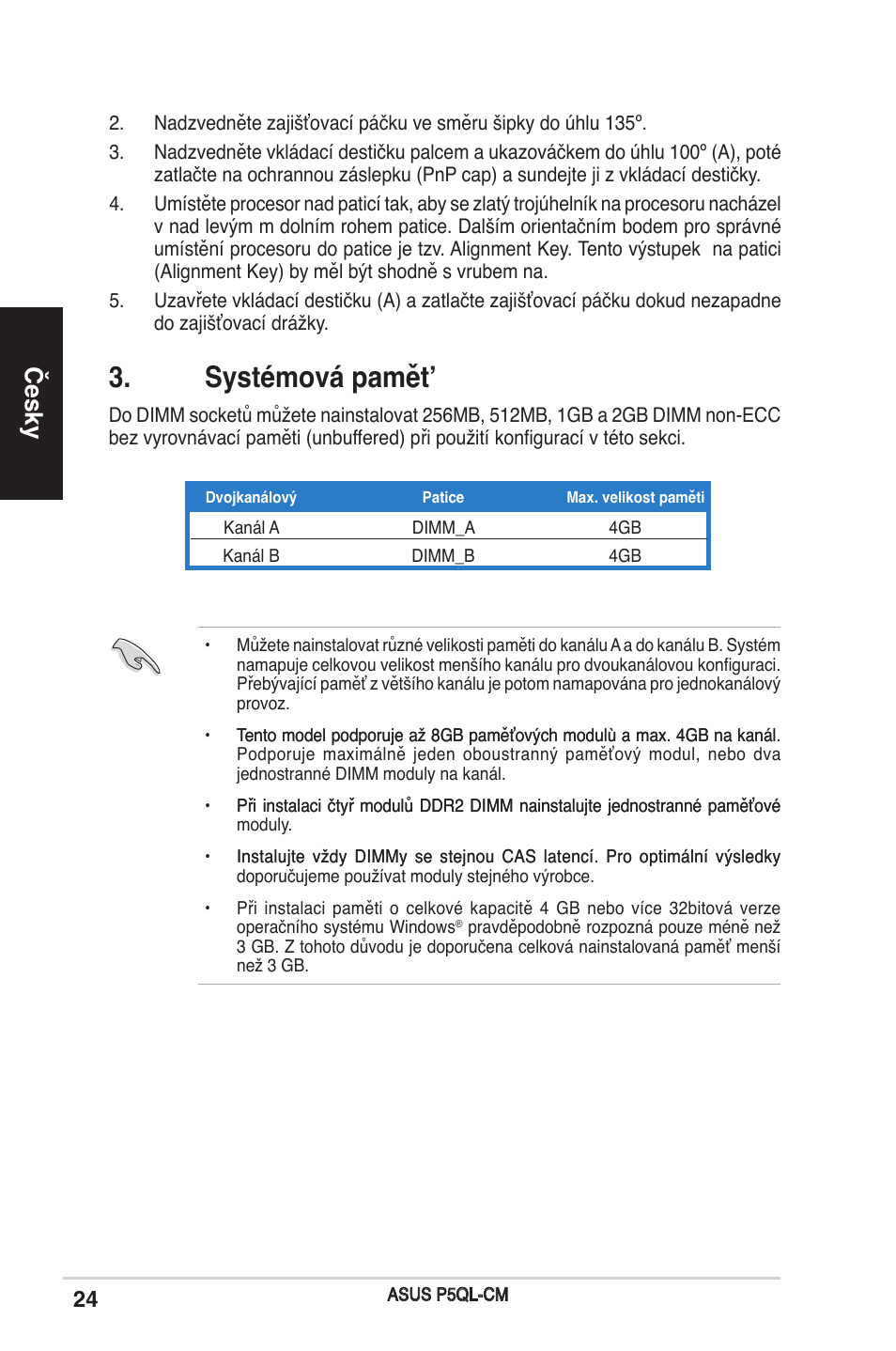 Systémová pamět, Česky | Asus P5QL-CM User Manual | Page 24 / 38