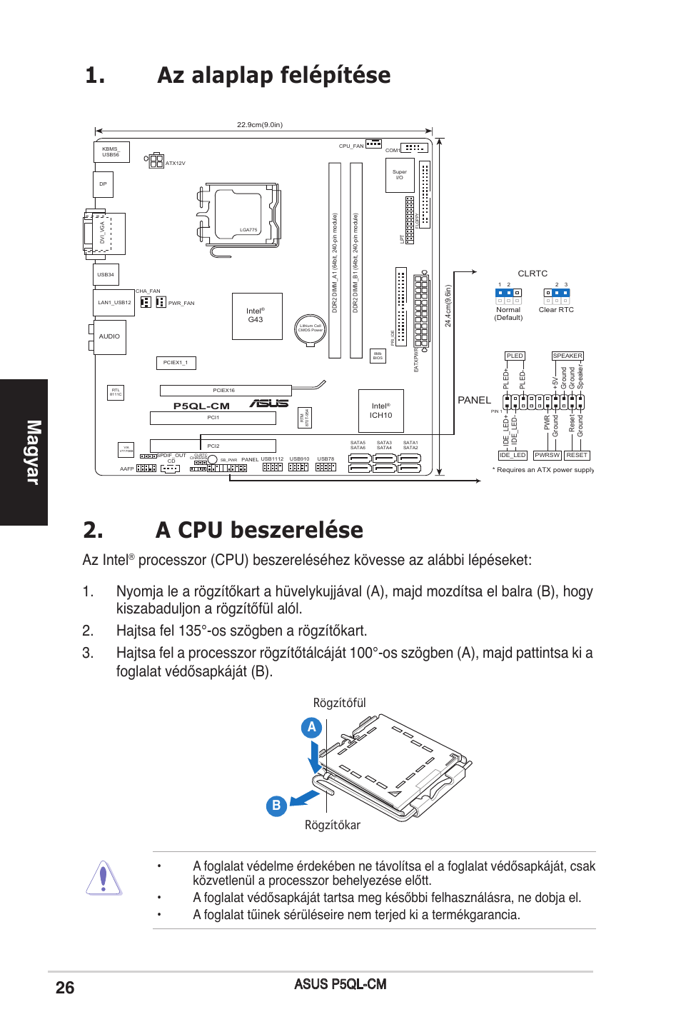 Az alaplap felépítése 2. a cpu beszerelése, Magyar, Az intel | Rögzítőfül rögzítőkar | Asus P5QL-CM User Manual | Page 26 / 38