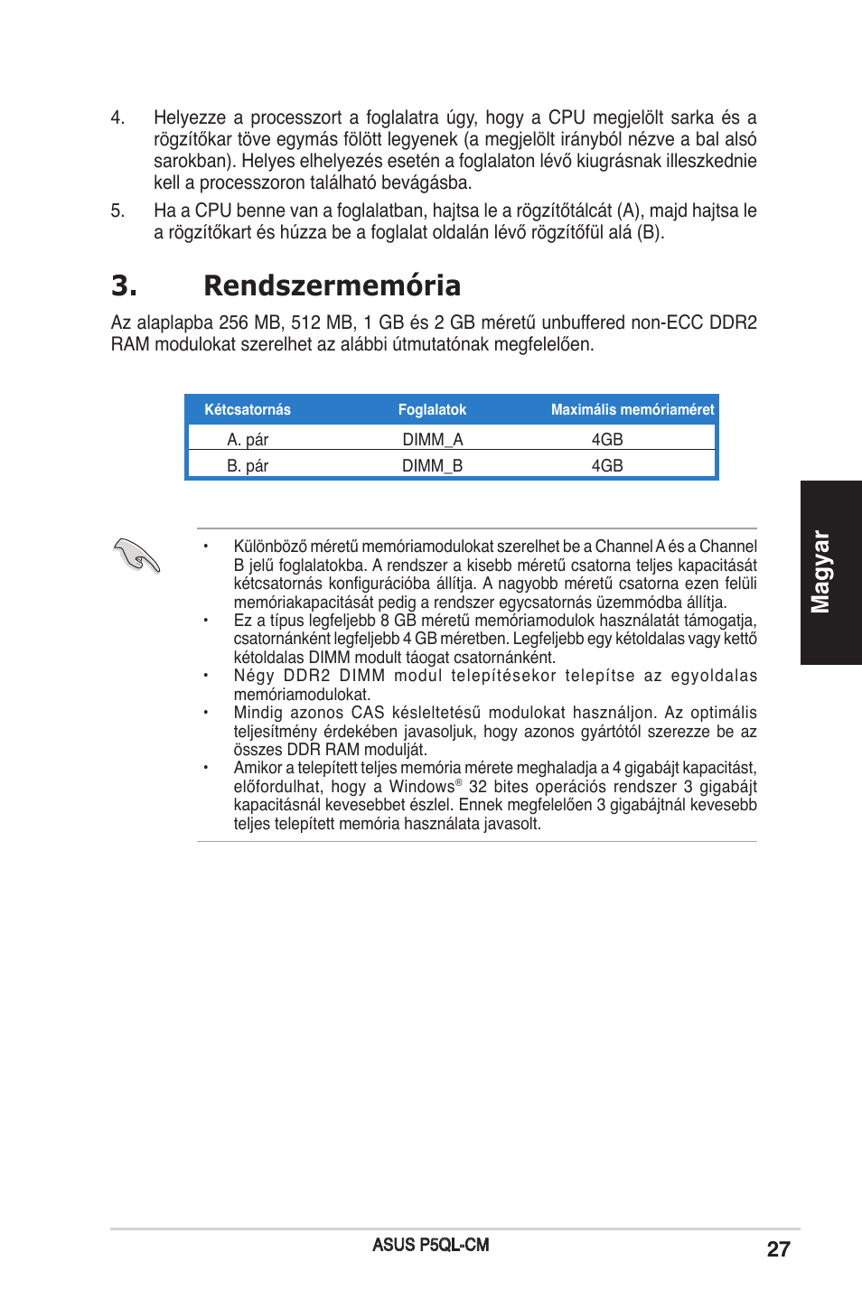 Rendszermemória, Magyar | Asus P5QL-CM User Manual | Page 27 / 38