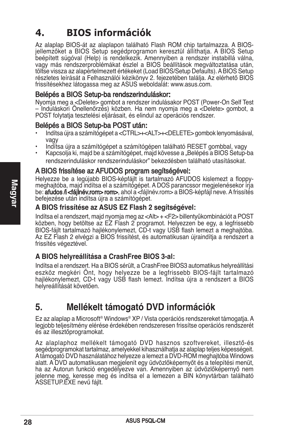 Bios információk, Mellékelt támogató dvd információk, Magyar | Asus P5QL-CM User Manual | Page 28 / 38