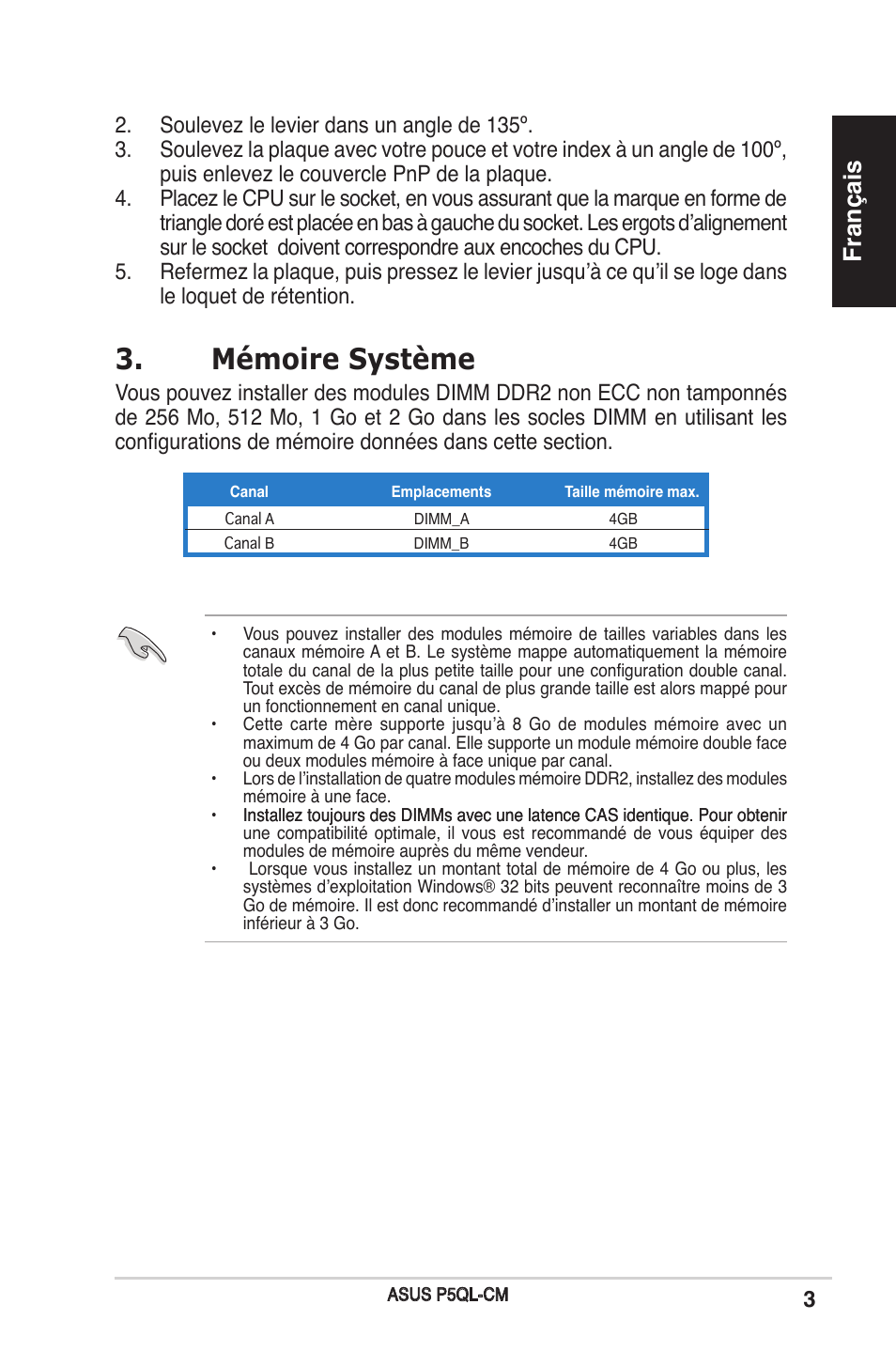 Mémoire système, Français | Asus P5QL-CM User Manual | Page 3 / 38